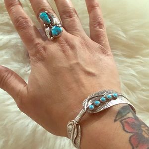 925 silver Native American feather cuff w/ turq.